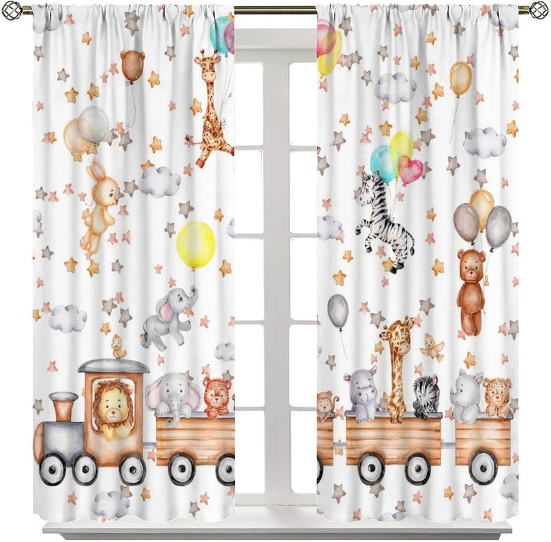 AAVEUP Cartoon Animal Curtains for Kids,Funny Cute Watercolor Forest Animals Lion Giraffe Balloon Bear Stars Window Treatments for Nursery Baby Toddler Boys Girls Bedroom Living Room 42x45in（No Blackout） - Image 2